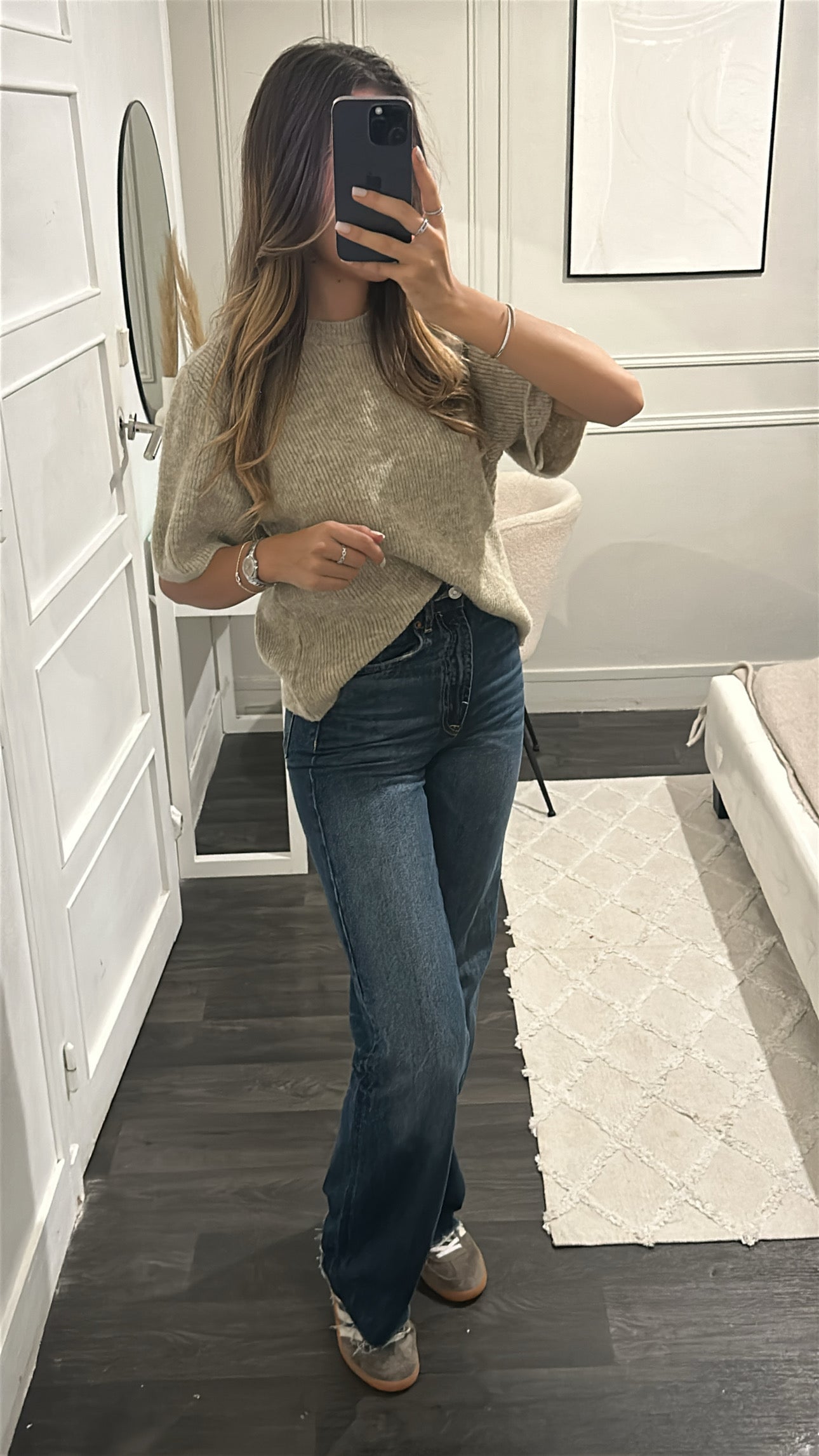 Pull Mi-Manche Taupe Laine Mélangé