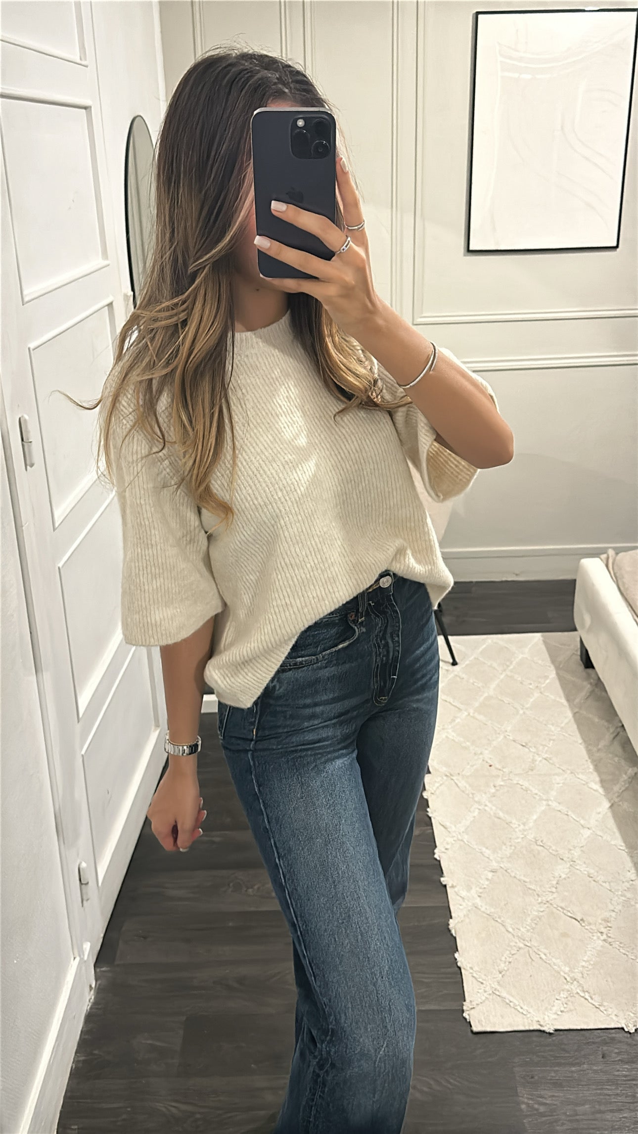 Pull Mi-Manche Beige Laine Mélangé