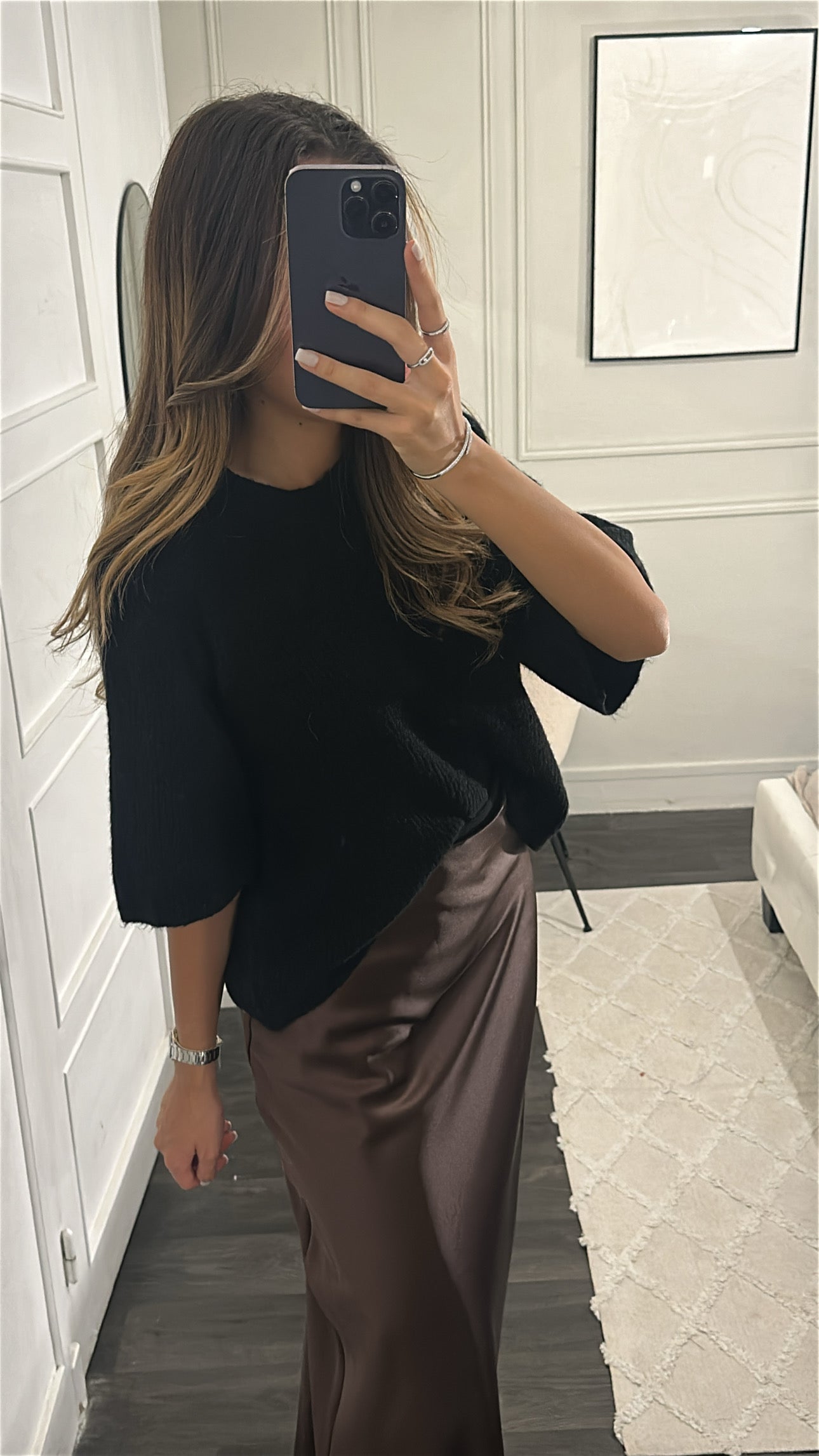 Pull Mi-Manche Noir Laine Mélangé