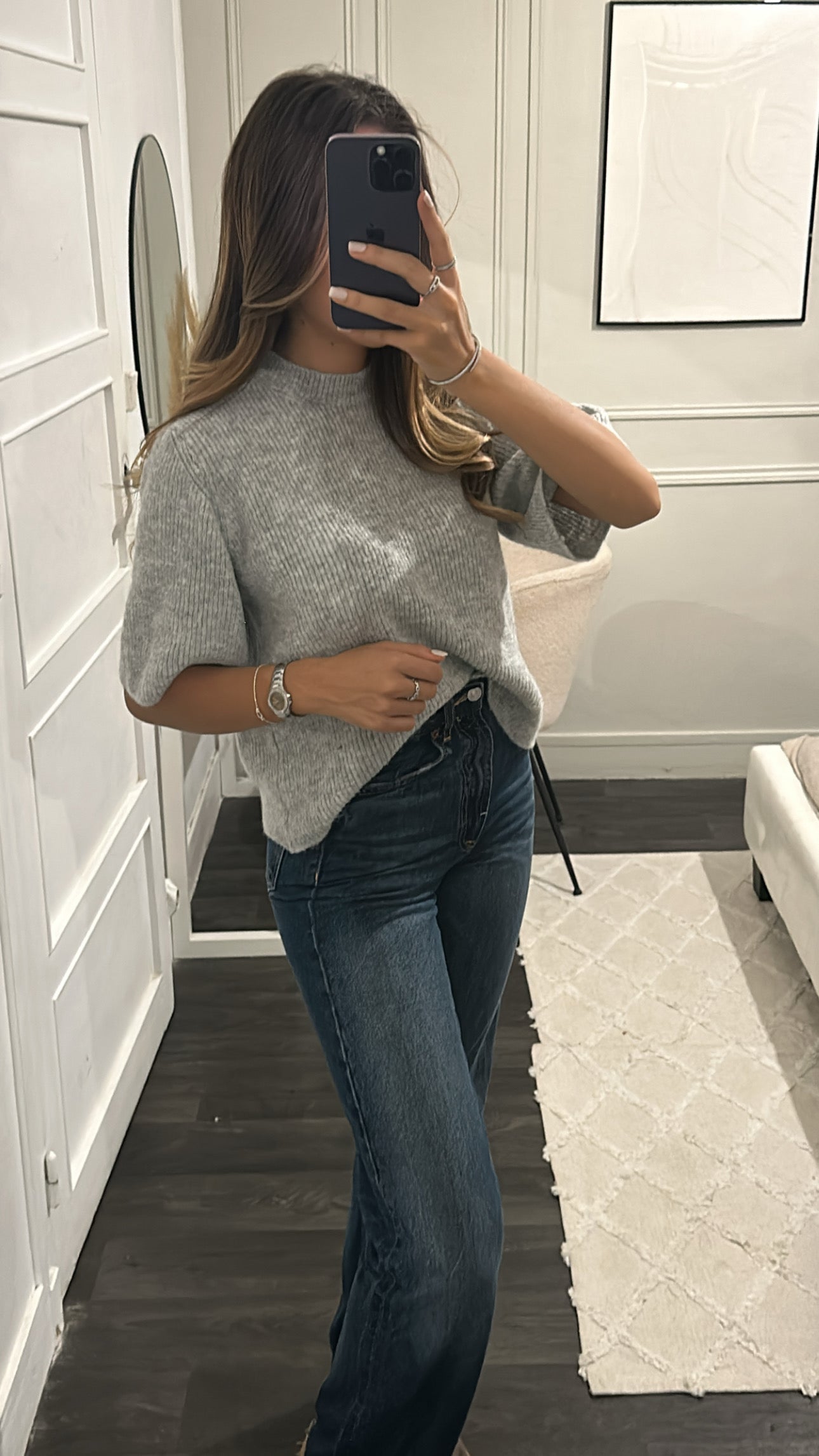 Pull Mi-Manche Gris Laine Mélangé