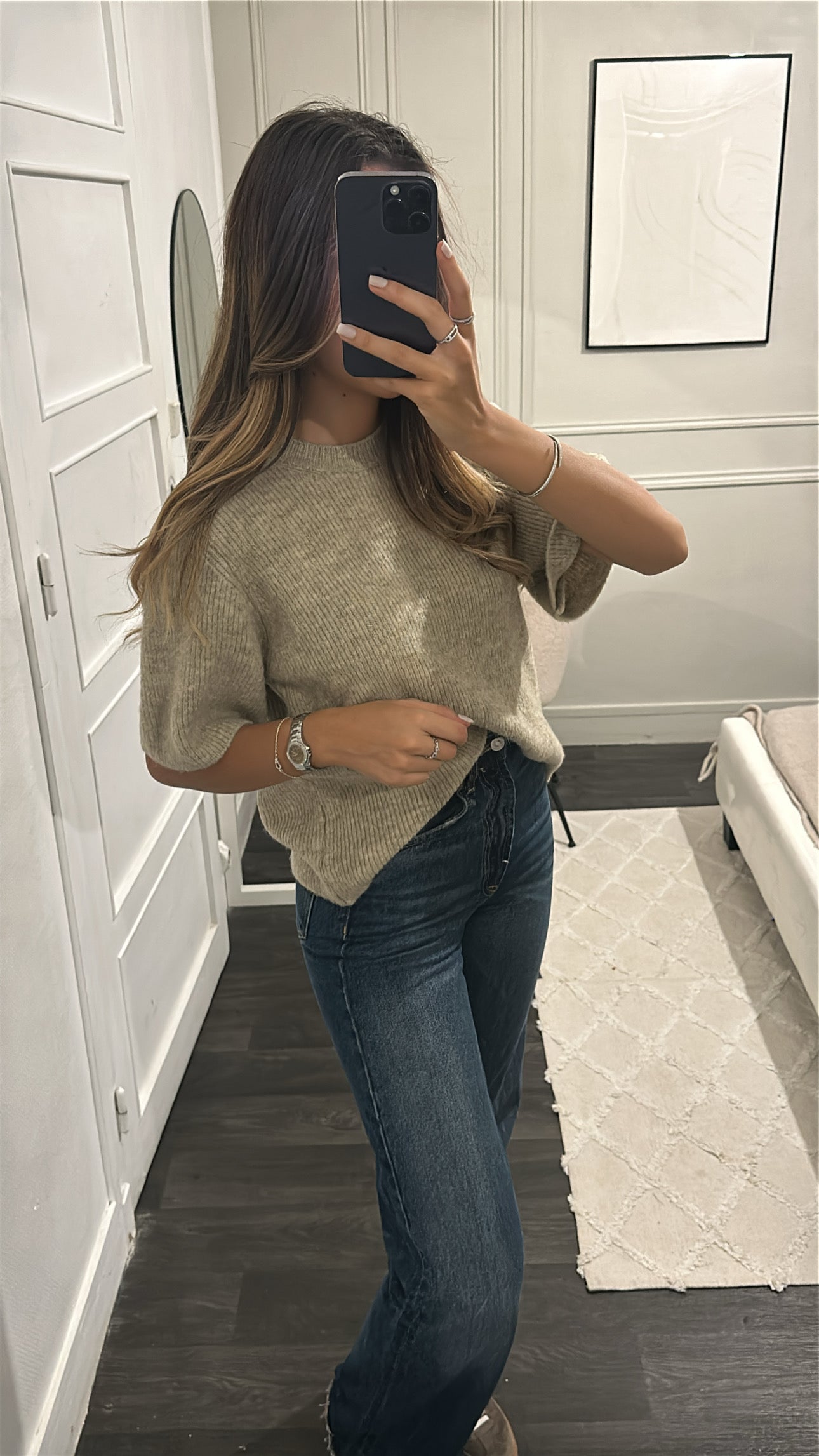 Pull Mi-Manche Taupe Laine Mélangé
