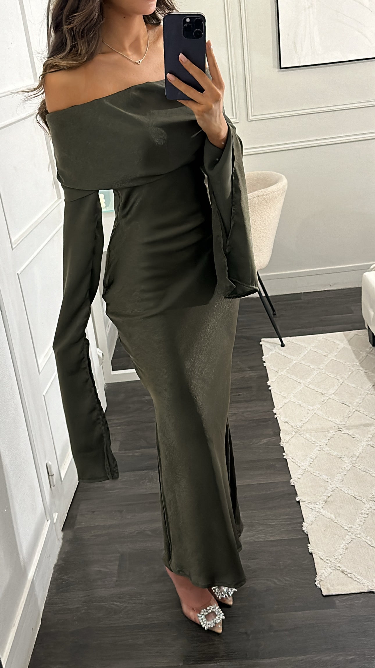 Robe en Satin Kaki
