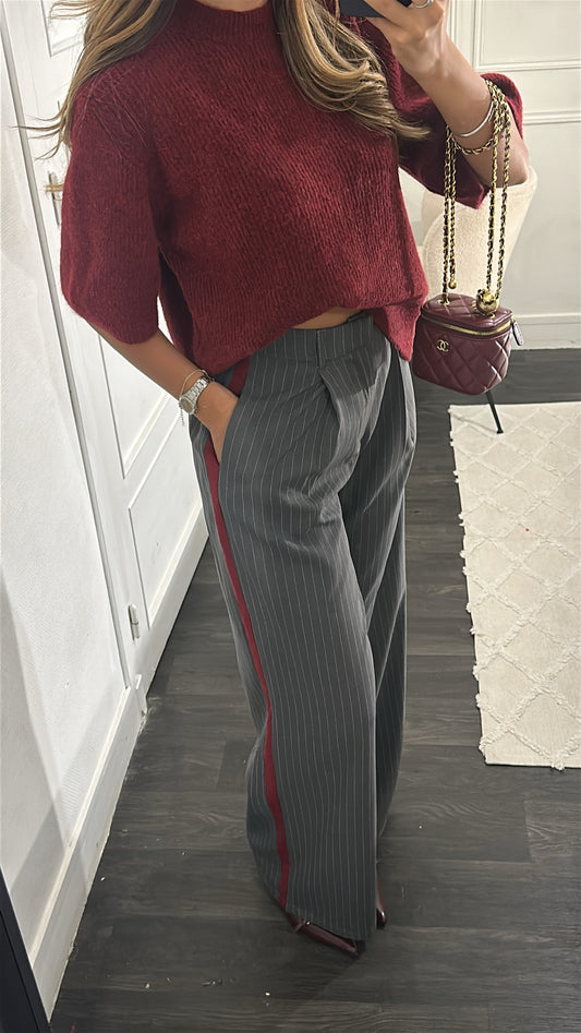 Pull Mi-Manche Bordeaux Laine Mélangé