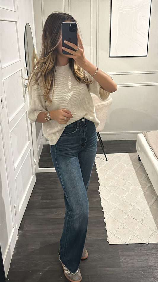 Pull Mi-Manche Beige Laine Mélangé
