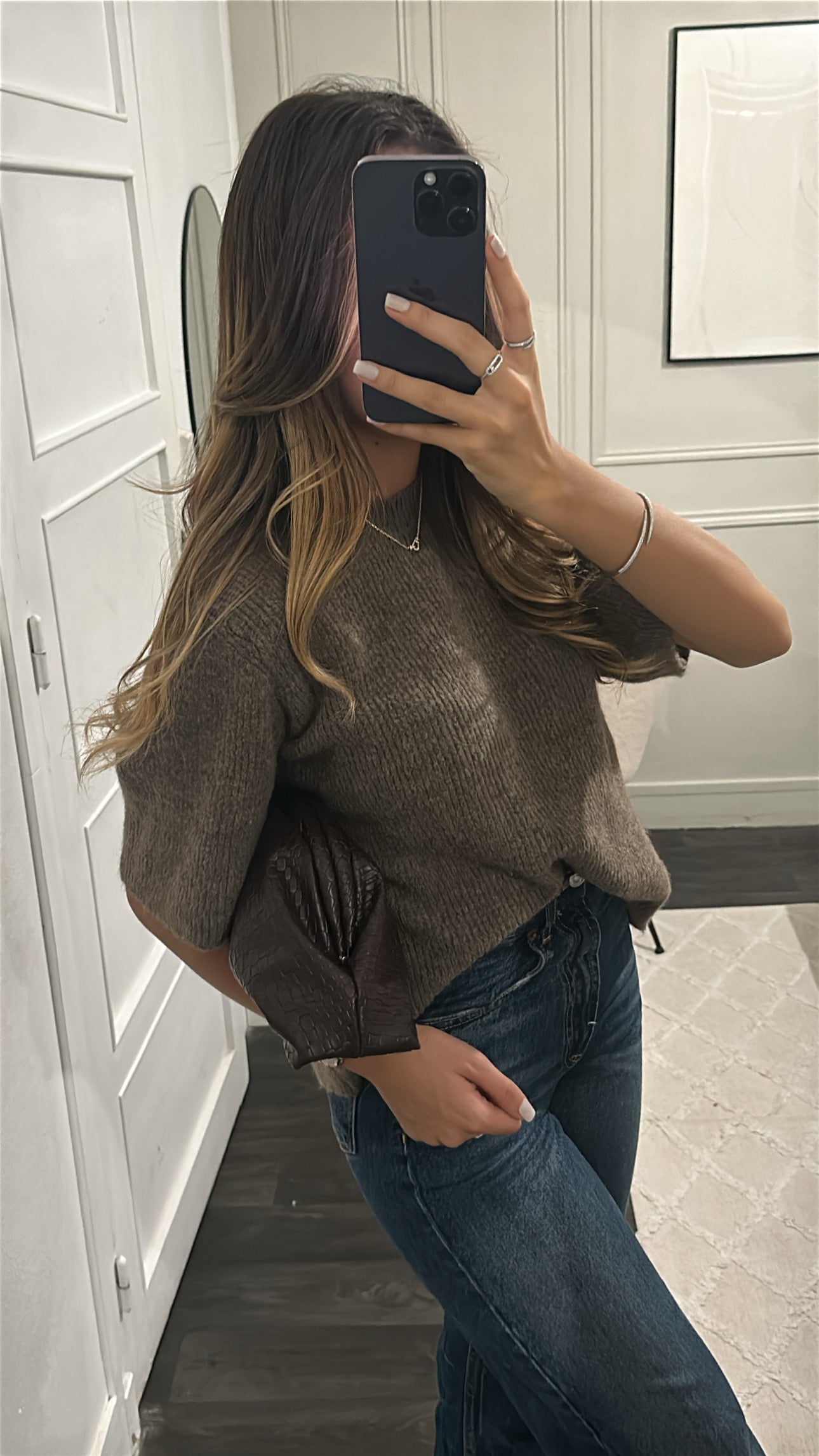 Pull Mi-Manche Marron Laine Mélangé