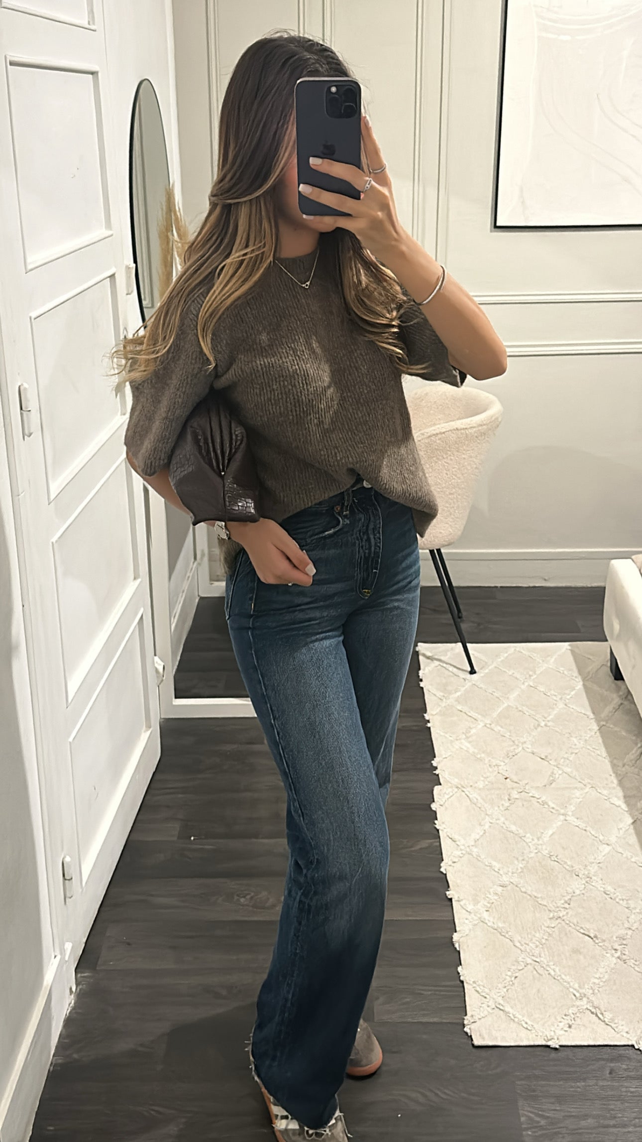 Pull Mi-Manche Marron Laine Mélangé