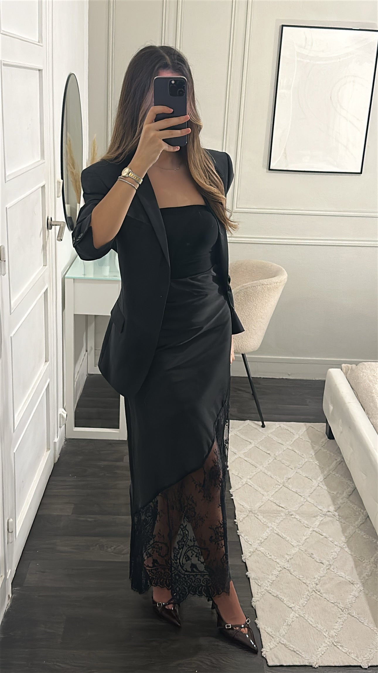 Jupe Satin Dentelle Noir